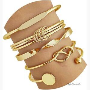 14k Gold-Plated Stackable Cuff Bracelets Set, Adjustable Bangle Jewelry